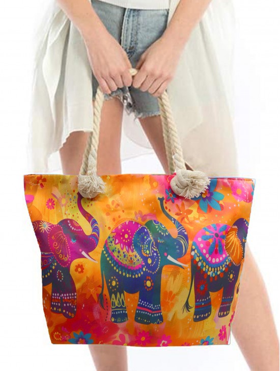 Canvas Elephant Print Shoulder Tote